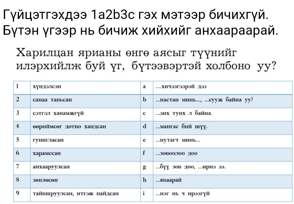 Γγйцэтгэхдээ 1а2b3с гэх мэтээр бичихгγй. 
Бутэн γгээр нь бичиж хийхийг анхаараарай. 
Χарилцан ярианы θнгθ алсыг туунийг 
илэрхийлж буй γг, бутээвэртэй холбоно уу?