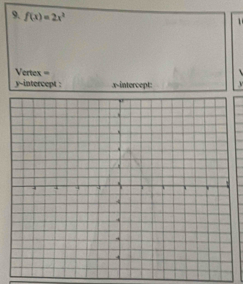 f(x)=2x^2
1 
Vertex = 
y-intercept : x-intercept: