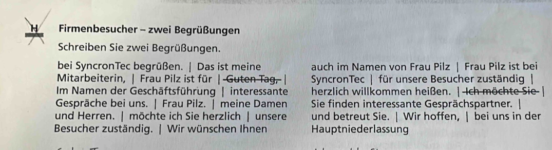 Firmenbesucher - zwei Begrüßungen 
Schreiben Sie zwei Begrüßungen. 
bei SyncronTec begrüßen. | Das ist meine auch im Namen von Frau Pilz | Frau Pilz ist bei 
Mitarbeiterin, | Frau Pilz ist für | -Guten Tag, | SyncronTec | für unsere Besucher zuständig | 
Im Namen der Geschäftsführung | interessante herzlich willkommen heißen. | Ich möchte Sie- 
Gespräche bei uns. | Frau Pilz. | meine Damen Sie finden interessante Gesprächspartner. | 
und Herren. | möchte ich Sie herzlich | unsere und betreut Sie. | Wir hoffen, | bei uns in der 
Besucher zuständig. | Wir wünschen Ihnen Hauptniederlassung