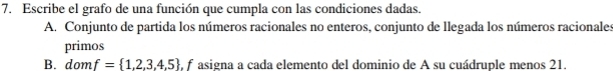 Escribe el grafo de una función que cumpla con las condiciones dadas. 
A. Conjunto de partida los números racionales no enteros, conjunto de llegada los números racionales 
primos 
B. dom f= 1,2,3,4,5 , f asigna a cada elemento del dominio de A su cuádruple menos 21.