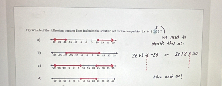 Which of the following number lines includes the solution set for the inequality |2x+8|≥ 30
a)
b)
c)
d)