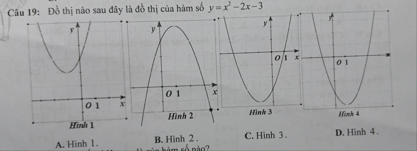 Đồ thị nào sau đây là đồ thị của hàm số y=x^2-2x-3

C. Hình 3. D. Hình 4.
A. Hình 1. B. Hình 2.
số nào?