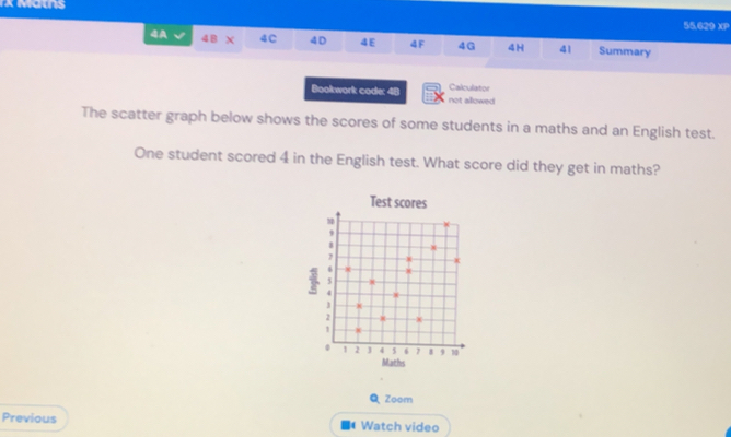 55.629 XP 
4A 48 X 4C 4D 4E 4F 4G 4H 41 Summary 
Calculator 
Bookwork code: 48 not allowed 
The scatter graph below shows the scores of some students in a maths and an English test. 
One student scored 4 in the English test. What score did they get in maths? 
Test scores 
,
4
2
1
1 2 J 4 $ 6 7 1 9 10
Maths 
Q Zoom 
Previous Watch video