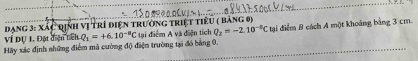 đạnG 3: XÁC định Vị trÍ điệN TRườnG TRIệT tiểu ( bảng 0) 
Ví Dụ 1. Đặt điện tích Q_1=+6.10^(-8)C tại điểm A và điện tích Q_2=-2.10^(-8)C tại điểm B cách A một khoảng bằng 3 cm. 
Hãy xác định những điểm mà cường độ điện trường tại đó bằng 0.