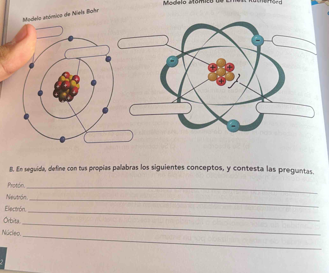 Modelo atómico de En utherford 
Modelo atómico de Niels Bohr 
B. En seguida, define con tus propias palabras los siguientes conceptos, y contesta las preguntas. 
Protón._ 
Neutrón._ 
_ 
Electrón. 
_ 
Órbita. 
_ 
Núcleo. 
2