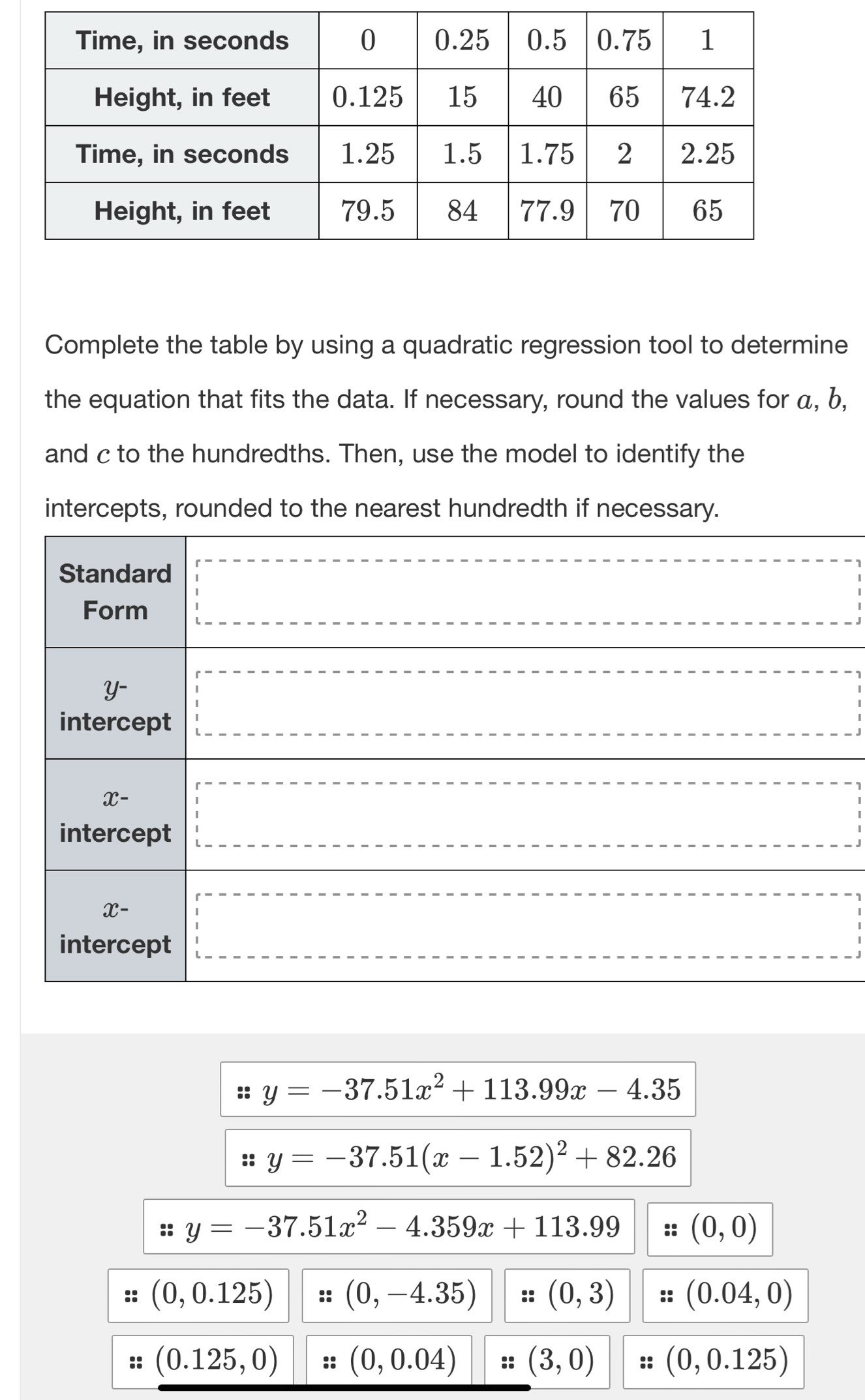 Complete the table by using a quadratic regression tool to determine 
the equation that fits the data. If necessary, round the values for a, b, 
and c to the hundredths. Then, use the model to identify the 
intercepts, rounded to the nearest hundredth if necessary. 
Standard ................................... 
Form
y - 
intercept ·s ·s □ ...................
x - □ 
intercept
x- □ 
intercept
y=-37.51x^2+113.99x-4.35
y=-37.51(x-1.52)^2+82.26
y=-37.51x^2-4.359x+113.99 (0,0)
(0,0.125) :: (0,-4.35) :: (0,3) _e° (0.04,0)
(0.125,0) (0,0.04) (3,0) (0,0.125)