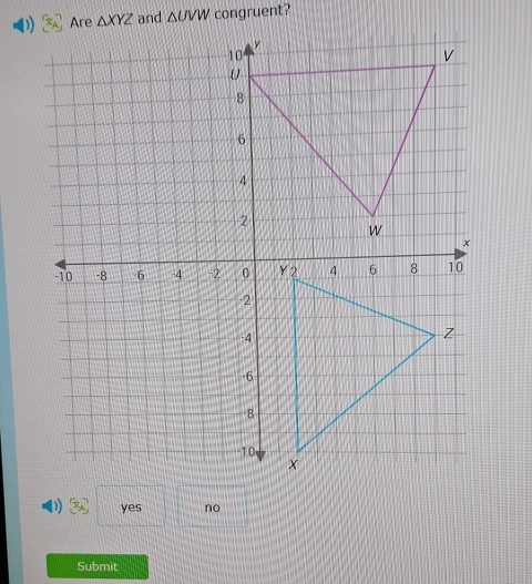 △ UVW congruent?
yes no
Submit