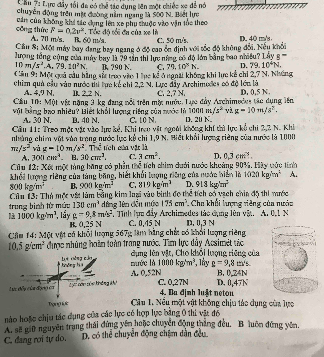 Cầu 7: Lực đẩy tối đa có thể tác dụng lên một chiếc xe để nó
chuyền động trên mặt đường nằm ngang là 500 N. Biết lực
cản của không khí tác dụng lên xe phụ thuộc vào vận tốc theo
công thức F=0,2v^2. Tốc độ tối đa của xe là
A. 70 m/s. B. 60 m/s. C. 50 m/s. D. 40 m/s.
Câu 8: Một máy bay đang bay ngang ở độ cao ổn định với tốc độ không đổi. Nếu khối
lượng tổng cộng của máy bay là 79 tần thì lực nâng có độ lớn bằng bao nhiêu? Lấy g=
10m/s^2 .A. 79.10^2N. B. 790 N. C. 79.10^3N. D. 79 10^4N.
Câu 9: Một quả cầu bằng sắt treo vào 1 lực kế ở ngoài không khí lực kế chỉ 2,7 N. Nhúng
chìm quả cầu vào nước thì lực kế chỉ 2,2 N. Lực đầy Archimedes có độ lớn là
A. 4,9 N. B. 2,2 N. C. 2,7 N. D. 0,5 N.
Câu 10: Một vật nặng 3 kg đang nổi trên mặt nước. Lực đẩy Archimedes tác dụng lên
vật bằng bao nhiêu? Biết khối lượng riêng của nước là 1000m/s^3 và g=10m/s^2.
A. 30 N. B. 40 N. C. 10 N. D. 20 N.
Câu 11: Treo một vật vào lực kế. Khi treo vật ngoài không khí thì lực kế chỉ 2,2 N. Khi
nhúng chìm vật vào trong nước lực kế chỉ 1,9 N. Biết khối lượng riêng của nước là 1000
m/s^3 và g=10m/s^2. Thể tích của vật là
A. 300cm^3. B. 30cm^3. C. 3cm^3. D. 0,3cm^3.
Câu 12: Xét một tảng băng có phần thể tích chìm dưới nước khoảng 90%. Hãy ước tính
khối lượng riêng của tảng băng, biết khối lượng riêng của nước biển là 1020kg/m^3 A.
800kg/m^3 B. 900kg/m^3 C. 819kg/m^3 D. 918kg/m^3
Câu 13: Thả một vật làm bằng kim loại vào bình đo thể tích có vạch chia độ thì nước
trong bình từ mức 130cm^3 dâng lên đến mức 175cm^3. Cho khối lượng riêng của nước
là 1000kg/m^3 ', lấy g=9,8m/s^2. Tính lực đẩy Archimedes tác dụng lên vật. A. 0,1 N
B. 0,25 N C. 0,45 N D. 0,3 N
Câu 14: Một vật có khối lượng 567g làm bằng chất có khối lượng riêng
10,5g/cm^3 được nhúng hoàn toàn trong nước. Tìm lực đầy Acsimét tác
dụng lên vật, Cho khối lượng riêng của
nước là 1000kg/m^3 *, lấy g=9,8m/s.
A. 0,52N B. 0,24N
C. 0,27N D. 0,47N
4. Ba định luật neton
Câu 1. Nếu một vật không chịu tác dụng của lực
hào hoặc chịu tác dụng của các lực có hợp lực bằng 0 thì vật đó
A. sẽ giữ nguyên trạng thái đứng yên hoặc chuyển động thẳng đều. B luôn đứng yên.
C. đang rơi tự do. D. có thể chuyển động chậm dần đều.