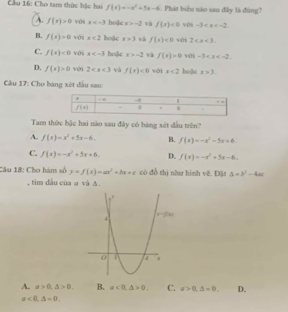 Cầu 16: Cho tam thức bậc hai f(x)=-x^2+5x-6. Phát biểu nào sau đây là đúng?
A. f(x)>0 với x hoặc x>-2 vá f(x)<0</tex> với -3
B. f(x)>0 với x<2</tex> hoặc x>3 và f(x)<0</tex> với 2
C. f(x)<0</tex> với x hoặc x>-2 và f(x)>0 với -3
D. f(x)>0 với 2 và f(x)<0</tex> vớj x<2</tex> hoặc x>3.
Câu 17: Cho bảng xét đấu sau:
Tam thức bậc hai nào sau đây cỏ bảng xét đầu trên?
A. f(x)=x^2+5x-6.
B. f(x)=-x^2-5x+6.
C. f(x)=-x^2+5x+6.
D. f(x)=-x^2+5x-6.
Câu 18: Cho hàm số y=f(x)=ax^2+bx+c có đồ thị như hình vẽ. Đặt △ =b^2-4ac
, tìm dầu của α và Δ.
A. a>0,△ >0. B. a<0,△ >0. C. a>0,△ =0. D.
a<0,△ =0.