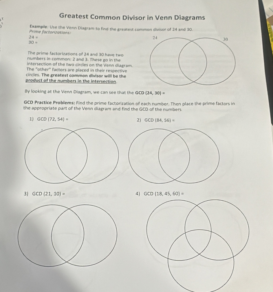 Greatest Common Divisor in Venn Diagrams 
Example: Use the Venn Diagram to find the greatest common divisor of 24 and 30. 
Prime factorizations:
24=
30=
The prime factorizations of 24 and 30 have two 
numbers in common: 2 and 3. These go in the 
intersection of the two circles on the Venn diagram. 
The “other” factors are placed in their respective 
circles. The greatest common divisor will be the 
product of the numbers in the intersection. 
By looking at the Venn Diagram, we can see that the GCD(24,30)=
GCD Practice Problems; Find the prime factorization of each number. Then place the prime factors in 
the appropriate part of the Venn diagram and find the GCD of the numbers 
1) GCD(72,54)= 2) GCD(84,56)=
3) GCD(21,10)= 4) GCD(18,45,60)=