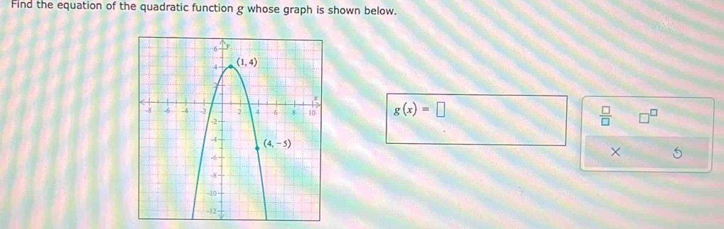 Find the equation of the quadratic function g whose graph is shown below.
g(x)=□
 □ /□   □^(□)
×