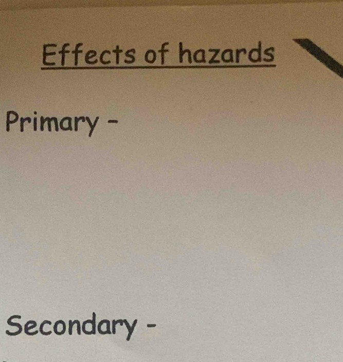 Effects of hazards 
Primary - 
Secondary -