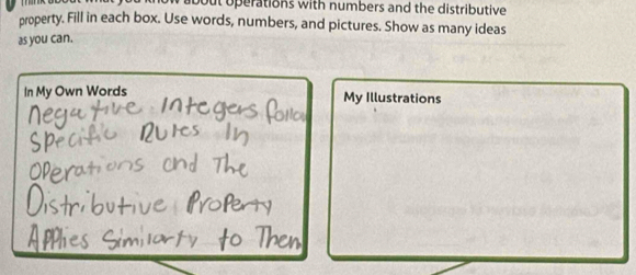 out operations with numbers and the distributive 
property. Fill in each box. Use words, numbers, and pictures. Show as many ideas 
as you can. 
In My Own Words My Illustrations