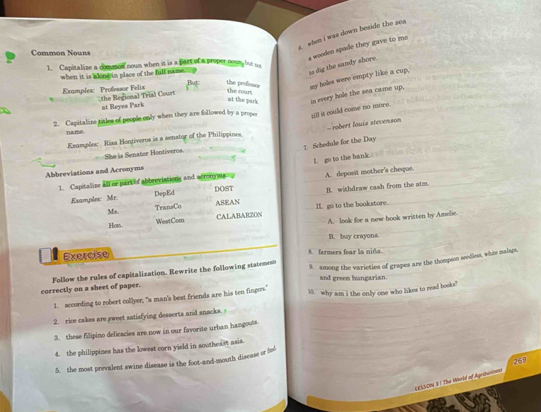 when i was down beside the sea 
Common Nouns 
a weoden spade they gave to me to dig the sandy shore. 
1. Capitalize a common noun when it is a part of a proper noun, but not 
when it is alone in place of the full name. 
Examples: Professor Felix But the professor my holes were empty like a cup, 
the Regional Trial Court 
the court 
at Reyes Park 
at the park in every hole the sea came up, 
2. Capitalize titles of people only when they are followed by a proper till it could come no more. 
- robert louis stevenson 
name. 
Examples: Risa Hontiveros is a senator of the Philippines. 
7. Schedule for the Day 
She is Senator Hontiveros. 
L go to the bank. 
Abbreviations and Acronyms 
1. Capitalize all or part of abbreviations and acronyms. 
Examples: Mr. DepEd DOST A. deposit mother's cheque. 
Ms. TransCo ASEAN B. withdraw cash from the atm. 
Hon. WestCom CALABARZON II. go to the bookstore. 
A. look for a new book written by Amelie. 
B. buy crayons. 
Exercise 8. farmers fear la niña. 
9. among the varieties of grapes are the thompson seedless, white malaga, 
Follow the rules of capitalization. Rewrite the following statements 
and green hungarian. 
correctly on a sheet of paper. 
1. according to robert collyer, "a man's best friends are his ten fingers.” 10. why am i the only one who likes to read books? 
2. rice cakes are sweet satisfying desserts and snacks. 
3. these filipino delicacies are now in our favorite urban hangouts. 
4. the philippines has the lowest corn yield in southeast asia. 
269 
5. the most prevalent swine disease is the foot-and-mouth disease or fm 
LESSON 3 ! The World of Agribusiness