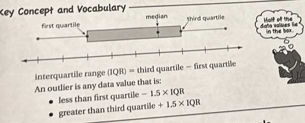 Key Concept and Vocabulary 
Half of the 
data values lie 
in the box. 
interquartile range (IQR) = third quartile 
An outlier is any data value that is: 
less than first quartile -1.5* IQR
greater than third quartile +1.5* IQR