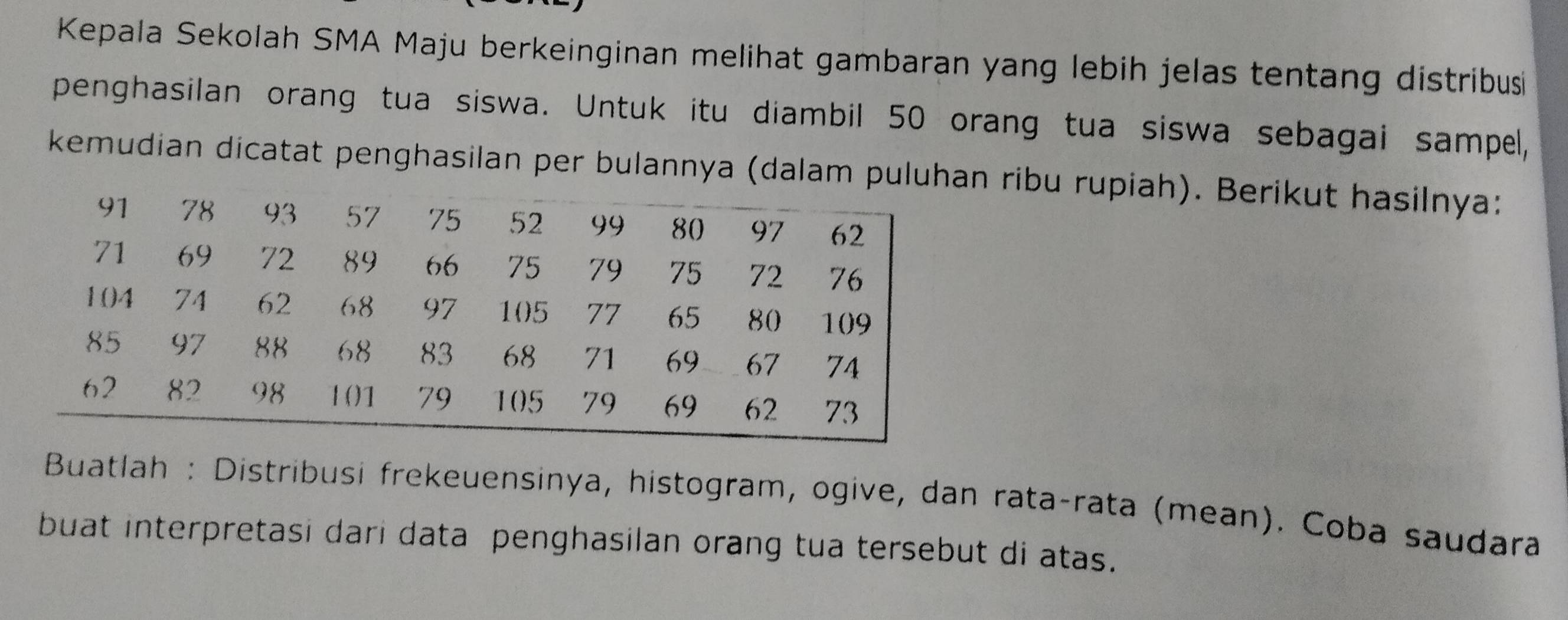 Kepala Sekolah SMA Maju berkeinginan melihat gambaran yang lebih jelas tentang distribus 
penghasilan orang tua siswa. Untuk itu diambil 50 orang tua siswa sebagai sampel, 
kemudian dicatat penghasilan per bulannya (dalam puluhan ribu rupiah). Berikut hasilnya: 
Buatlah : Distribusi frekeuensinya, histogram, ogive, dan rata-rata (mean). Coba saudara 
buat interpretasi dari data penghasilan orang tua tersebut di atas.