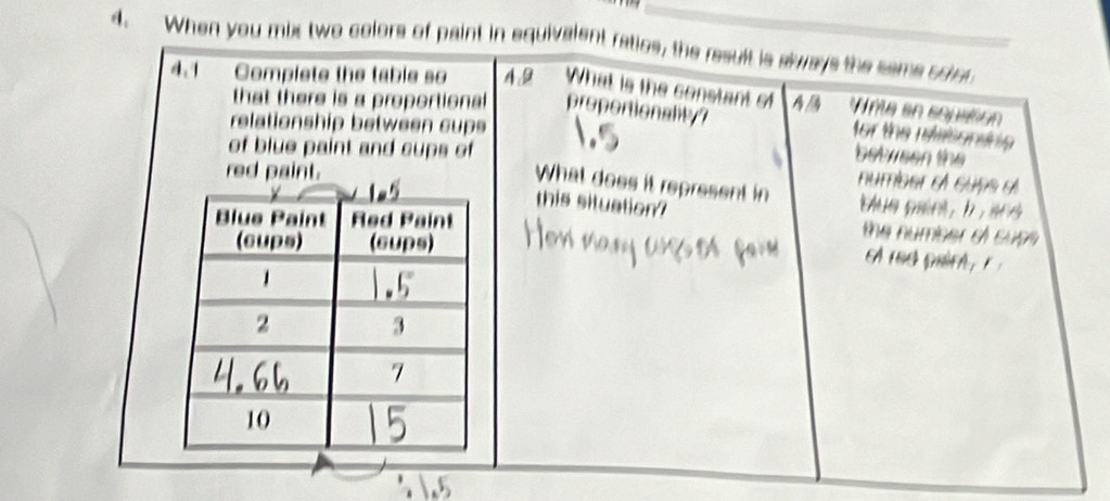 When you mix two colors of paint in equivalent ratios, the result is always the same scon 
4.1 Complete the table so 4.9 What is the constant of A Vnte en sopstión 
that there is a proportional proportionality ? 
relationship between cups 
for the rssionsna 
of blue paint and cups of 
between the 
red paint. 
number o cups e 
What does it represent in 
this situation? blue paint, h , aes 
the number o cuss 
of red paint ,