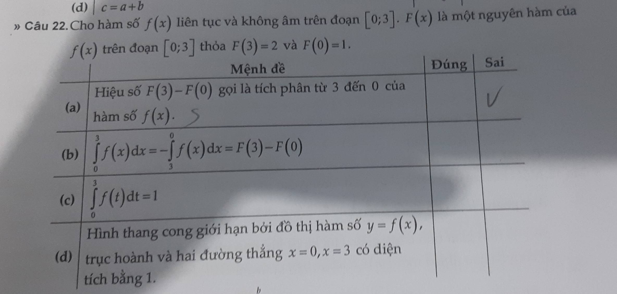 (d) c=a+b
» Câu 22.Cho hàm số f(x) liên tục và không âm trên đoạn [0;3].F(x) là một nguyên hàm của
thỏa và F(0)=1.
b