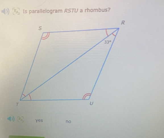 ) Is parallelogram RSTU a rhombus?
yes no