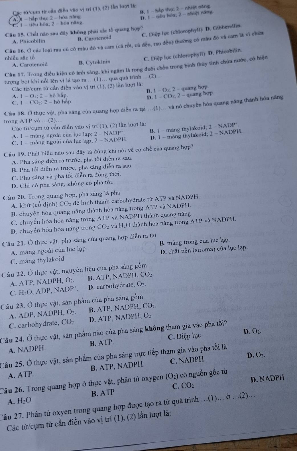 Các từ/cụm từ cần điễn vào vị trí (1), (2) lần lượt là:
A.1 - hấp thụ; 2 - hóa năng B. 1 - hắp thụ; 2 - nhiệt năng.
D. 1 - tiểu hóa; 2 - nhiệt năng.
C. 1- tiêu hóa; 2 - hóa năng
C. Diệp lục (chlorophyll) D. Gibberellin.
Câu 15. Chất nào sau đây không phải sắc tố quang hợp?
A. Phicobilin B. Carotenoid
Câu 16. Ở các loại rau củ có màu đó và cam (cả rốt, củ đến, rau đền) thưởng có màu đỏ và cam là vi chứa
nhiều sắc tố
C. Diệp lục (chlorophyll) D. Phicobilin.
A. Carotenoid B. Cytokinin
Câu 17. Trong điều kiện có ánh sáng, khí ngâm lá rong đuôi chồn trong bình thủy tinh chứa nước, có hiện
tượng bọt khí nổi lên vì lá tạo ra ..(1)... qua quá trình ...(2)...
Các từ/cụm từ cần điền vào vị trí (1), (2) lần lượt là:
B. 1-O_2; 2 - quang hợp.
A. 1-O_2;2-hhat O hấp 2 - quang hợp
D. 1-CO_2;
C. 1-CO_2;2-hhat o hập
Câu 18, Ở thực vật, pha sáng của quang hợp diễn ra tại ...(1)... và nó chuyển hóa quang năng thành hóa năng
trong ATP và …(2)…
Các từ/cụm từ cần điền vào vị trí (1), (2) lần lượt là:
A. 1 - màng ngoài của lục lạp; 2 - NADP*. B. 1 - màng thylakoid; 2 - NADP*.
C. 1 - màng ngoài của lục lạp; 2 - NADPH. D. 1 - màng thylakoid; 2 - NADPH.
Câu 19. Phát biểu nào sau đây là đúng khi nói về cơ chế của quang hợp?
A. Pha sáng diễn ra trước, pha tối diễn ra sau.
B. Pha tối diễn ra trước, pha sáng diễn ra sau.
C. Pha sáng và pha tối diễn ra đồng thời.
D. Chi có pha sáng, không có pha tối.
Câu 20. Trong quang hợp, pha sáng là pha
A. khử (cố định) CO_2 để hình thành carbohydrate từ ATP và NADPH.
B. chuyển hóa quang năng thành hóa năng trong ATP và NADPH.
C. chuyển hóa hóa năng trong ATP và NADPH thành quang năng.
D. chuyển hóa hóa năng trong CO_2 và H_2O thành hóa năng trong ATP và NADPH.
Câu 21. Ở thực vật, pha sáng của quang hợp diễn ra tại
A. màng ngoài của lục lạp. B. màng trong của lục lạp.
C. màng thylakoid D. chất nền (stroma) của lục lạp.
Câu 22. Ở thực vật, nguyên liệu của pha sáng gồm
A. ATP. NADPH O_2. B. ATP, NADPH. CO_2.
C. H_2O ADP,NADP^+ D. carbohydrate, O_2.
Câu 23. Ở thực vật, sản phẩm của pha sáng gồm
A. ADP. 1 NADPH O_2. B. ATP , ADPH CO_2.
C. carbohydrate, CO_2. D. ATP,NADPH, O_2.
Câu 24. C 0 thực vật, sản phẩm nào của pha sáng không tham gia vào pha tối?
A. NADPH. B. ATP. C. Diệp lục. D. O_2.
D. O_2.
Câu 25. Ở thực vật, sản phẩm của pha sáng trực tiếp tham gia vào pha tối là
A. ATP. B. ATP, NADPH. C. NADPH.
Câu 26. Trong quang hợp ở thực vật, phân tử oxygen (O_2) có nguồn gốc từ
C. CO_2 D. NADPH
B. ATP
A. H_2O
Câu 27. Phân tử oxyen trong quang hợp được tạo ra từ quá trình ...(1)... ở ...(2)...
Các từ/cụm từ cần điền vào vị trí (1), (2) lần lượt là: