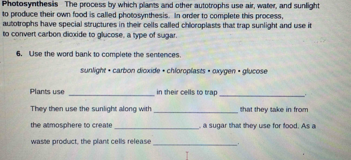 Photosynthesis The process by which plants and other autotrophs use air, water, and sunlight 
to produce their own food is called photosynthesis. In order to complete this process, 
autotrophs have special structures in their cells called chloroplasts that trap sunlight and use it 
to convert carbon dioxide to glucose, a type of sugar. 
6. Use the word bank to complete the sentences. 
sunlight • carbon dioxide • chloroplasts • oxygen • glucose 
Plants use _in their cells to trap_ 
.. 
They then use the sunlight along with _that they take in from 
the atmosphere to create _, a sugar that they use for food. As a 
waste product, the plant cells release_ 
.