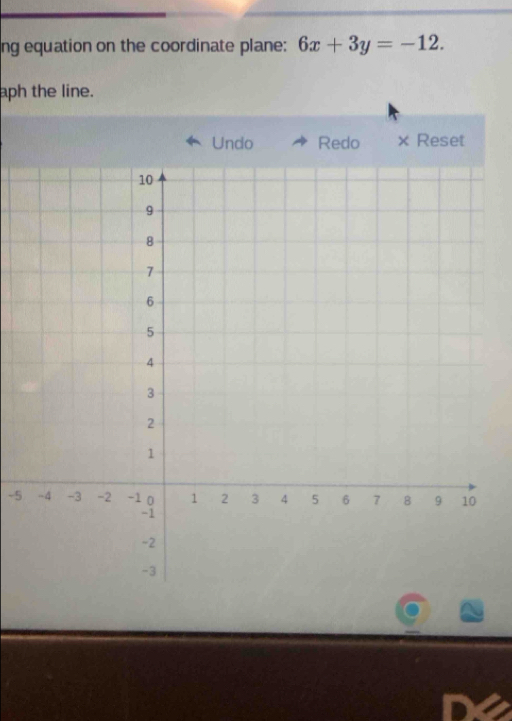 ng equation on the coordinate plane: 6x+3y=-12. 
aph the line. 
Undo Redo × Reset 
~5