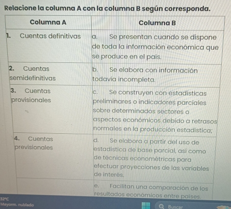 Relacione la columna A con la columna B según corresponda. 
1 
2
32°C
Mayorm. nublado Buscar