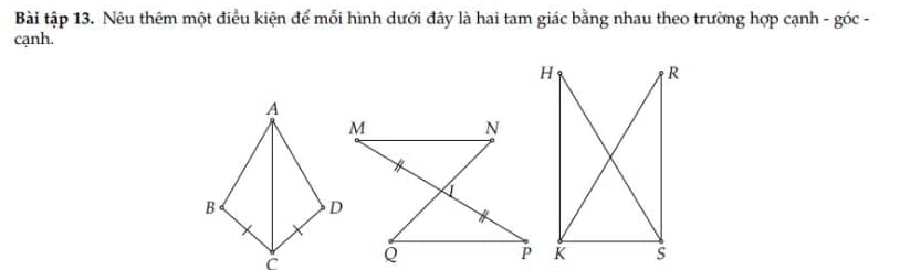 Bài tập 13. Nêu thêm một điều kiện để mỗi hình dưới đây là hai tam giác bằng nhau theo trường hợp cạnh - góc - 
cạnh.