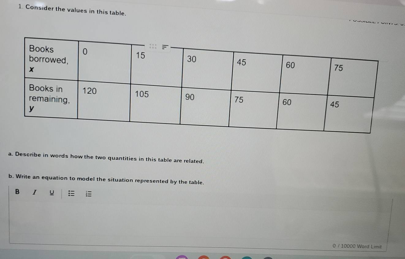 Consider the values in this table. 
a. Describe in words how the two quantities in this table are related. 
b. Write an equation to model the situation represented by the table. 
B I u  
0 / 10000 Word Limit