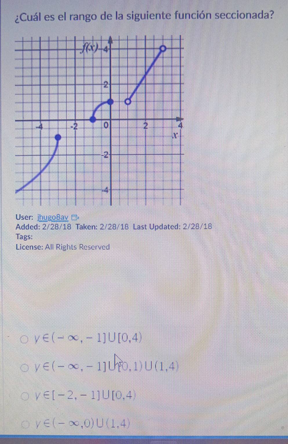 ¿Cuál es el rango de la siguiente función seccionada?
User: jhugo8av  
Added: 2/28/18 Taken: 2/28/18 Last Updated: 2/28/18
Tags:
License: All Rights Reserved
y∈ (-∈fty ,-1]∪ [0,4)
y∈ (-∈fty ,-1]∪ UF0.1)∪(1,4)
y∈ [-2,-1]∪ [0,4)
y∈ (-∈fty ,0)∪ (1,4