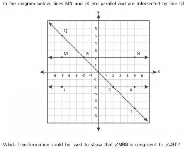 In the diagram below, lines MN and JK are parallel and are intersected by line OT
Which transformation could be used to show that ∠ MRS is congruent to ∠ JST