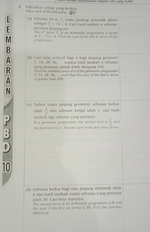 am könteks penyelesaian masalah rutin yang mudah 
1. Selesaikan setiap yang berikut.
Solve each o
E
M
B
A 
R
A
N
D
10