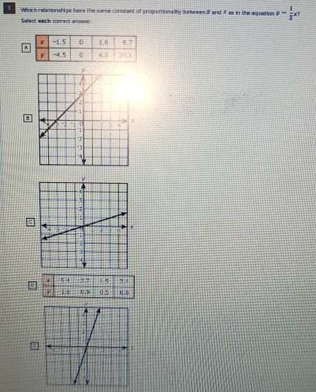 Wsch ralationshi ps havs the surce constant of proportionally belween II and 7 as in the aquation v- 1/3 xT
Seled each corrert anusor 
A 
D