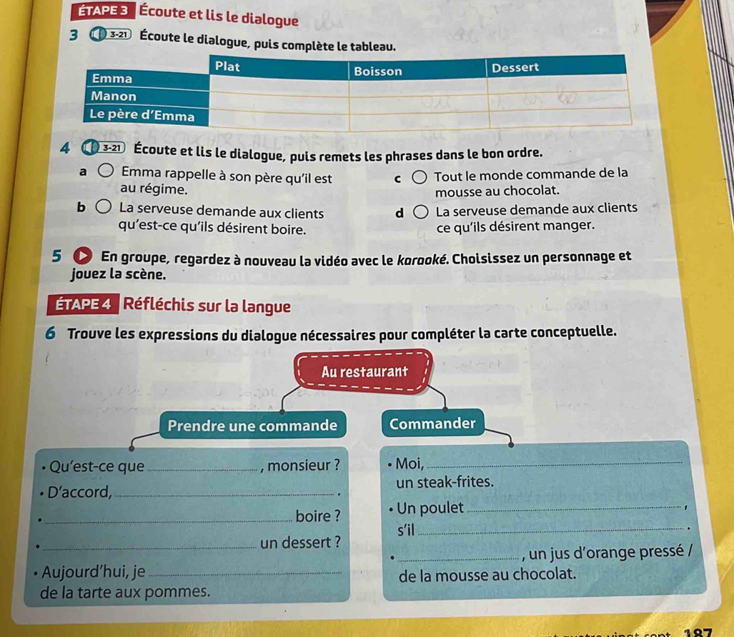 ÉTAPE 3 Écoute et lis le dialogue 
3 ( ) 3-21 Écoute le dialogue, puis complète le tableau. 
4 3-21 Écoute et lis le dialogue, puis remets les phrases dans le bon ordre. 
a Emma rappelle à son père qu'il est C Tout le monde commande de la 
au régime. mousse au chocolat. 
b La serveuse demande aux clients d La serveuse demande aux clients 
qu'est-ce qu'ils désirent boire. ce qu'ils désirent manger. 
5 ● En groupe, regardez à nouveau la vidéo avec le korooké. Choisissez un personnage et 
jouez la scène. 
TAPE 4 Réfléchis sur la langue 
6 Trouve les expressions du dialogue nécessaires pour compléter la carte conceptuelle. 
Au restaurant 
Prendre une commande Commander 
Qu'est-ce que _, monsieur ? Moi,_ 
D’accord, _. un steak-frites. 
_boire ? Un poulet_ 
1 
s'il_ 
. 
un dessert ? 
Aujourd’hui, je_ _, un jus d'orange pressé / 
de la mousse au chocolat. 
de la tarte aux pommes. 
107