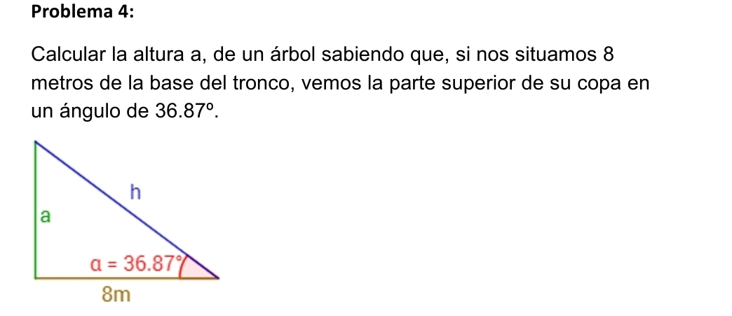 Problema 4:
Calcular la altura a, de un árbol sabiendo que, si nos situamos 8
metros de la base del tronco, vemos la parte superior de su copa en
un ángulo de 36.87°.