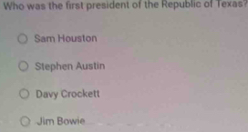 Who was the first president of the Republic of Texas?
Sam Houston
Stephen Austin
Davy Crockett
Jim Bowie