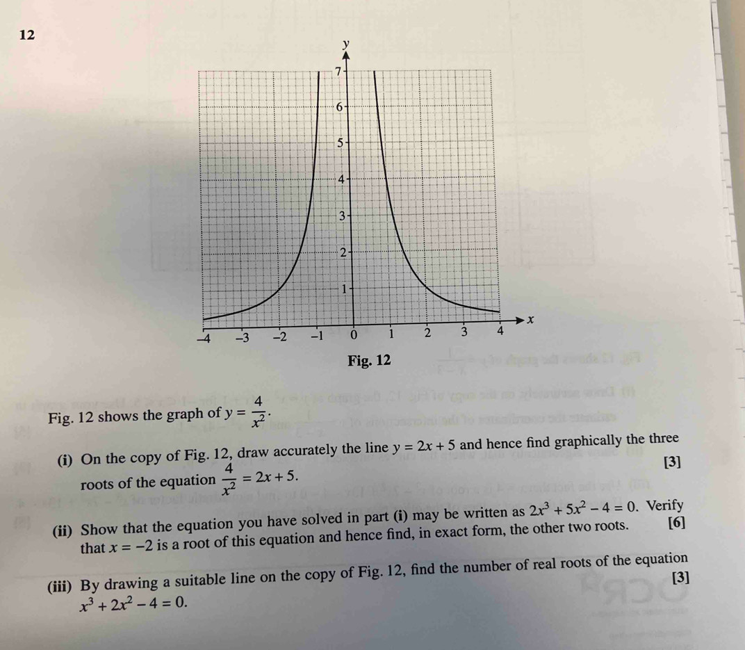 Fig. 12 shows the graph of y= 4/x^2 . 
(i) On the copy of Fig. 12, draw accurately the line y=2x+5 and hence find graphically the three 
roots of the equation  4/x^2 =2x+5. 
[3] 
(ii) Show that the equation you have solved in part (i) may be written as 2x^3+5x^2-4=0. Verify [6] 
that x=-2 is a root of this equation and hence find, in exact form, the other two roots. 
(iii) By drawing a suitable line on the copy of Fig. 12, find the number of real roots of the equation 
[3]
x^3+2x^2-4=0.