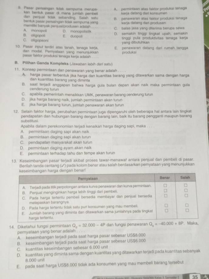 Pasar persaingan tidak sempuma merupa A. permintean atas faktor produksi tenaga
kan bentuk pasar di mana jumiah pembeli kerja datang dari konsumen
dan penjual tidak sebanding. Salah safu
bentuk pasar persaingan tidak sempura yang B. penawaran atas faktor produksi fenaga
memiliki banyak penjual/produsen adalah . . . . kerja datang dari produsen
A. monopoli D. monopalistik C. balas jasa yang diterima berupa sewa
B. oligopoli E. duopoli D. semakin tinggi tingkat upah, semakin
C. oligopsoni tinggi pula produktivitas tenaga kerja
yang dibutuhkan
10. Pasar input terdiri atas tanah, tenaga kerja. E. penawaran datang dari rumah tangga
dan modal. Pemyataan yang menunjukkan
pasar faktor produksi tenaga kerja adalah . . . . produksi
B. Pilihan Ganda Kompleks (Jawaban lebih dari safu)
11. Konsep permintaan dan penawaran yang benar adalah . . . .
A. harga pasar terbentuk jika harga dan kuantitas barang yang ditawarkan sama dengan harga
dan kuantitas barang yang diminta
B. saat terjadi anggapan bahwa harga gula bulan depan akan naik maka permintaan gula
cenderung turun
C. apabila pererintah menaikkan UMK, penawaran barang cenderung turun
D. jika harga barang naik, jumlah permintaan akan turun
E. jika harga barang turun, jumlah penawaran akan turun
12. Selain faktor harga, perubahan permintaan juga dipengaruhi oleh beberapa hal antara lain tingkat
pendapatan dan hubungan barang dengan barang lain, baik itu barang pengganti maupun barang
substitusi.
Apabila dalam perekonomian terjadi kenaikan harga daging sapi, maka . . . .
A. permintaan daging sapi akan naik
B. permintaan daging sapi akan turun
C. pendapatan masyarakat akan turun
D. permintaan daging ayam akan naik
E. permintaan terhadap tahu dan tempe akan turun
13. Keseimbangan pasar terjadi akibat proses tawar-menawaf antara penjual dan pembeli di pasar.
Berilah tanda centang (✓) pada kolom benar atau salah berdasarkan pernyataan yang menunjukkan
nar!
14. Diketahui fungsi permintaan Q_d=32.000-4P dan fungsi penawaran Q_5=-40.000+8P
pernyataan yang benar adalah .
A. keseimbangan terjadi pada saat harga pasar sebesar US$8.000
B. keseimbangan terjadi pada saat harga pasar sebesar US$6.000
C. kuantitas keseimbangan sebesar 6.000 unit
D. kuantitas yang diminta sama dengan kuantitas yang ditawarkan terjadi pada kuantitas sebanyak
8.000 unit
E. pada saat harga US$8.000 tidak ada konsumen yang mau membeli barang tersebut
35