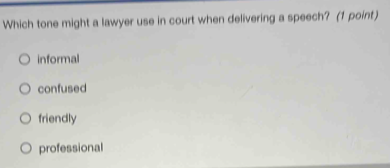 Solved: Which tone might a lawyer use in court when delivering a speech ...
