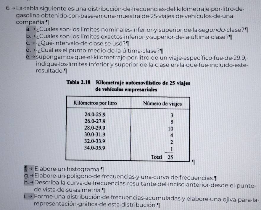 → La-tabla·siguiente·es·una·distribución·de·frecuencias·del·kilometraje-por·litro-de-
gasolina·obtenido·con·base·en·una·muestra·de·25-viajes·de·vehículos·de-una·
compañía:
a.→ ¿Cuáles·son-los·límites·nominales-inferior-y-superior-de·la·segunda-clase? ¶
b.→ ¿Cuáles·son·los·límites-exactos-inferior-y-superior·de·la·última·clase?¶
c.→ ¿Qué intervalo·de·clase·se-usó?'
d. →· ¿Cuál·es·el·punto-medio-de·la·última·clase?
e. → supongamos·que·el·kilometraje-por-litro-de·un·viaje·específico-fue·de-29.9,-
indique·los·límites·inferior-y-superior-de·la·clase·en-la·que-fue-incluido-este.
resultado.]
Tabla 2.18 Kilometraje automovilístico de 25 viajes
de vehículos empresariales
f, → Elabore·un-histograma.1
g. →Elabore·un-polígono·de·frecuencias·y-una·curva·de·frecuencias. ¶
h. →Describa·la·curva·de·frecuencias·resultante·del·inciso·anterior-desde-el⋅punto-
de-vista·de·su-asimetría. 1
i. → Forme·una·distribución·de·frecuencias·acumuladas·y·elabore·una·ojiva·para·la·
representación gráfica de·esta-distribución.