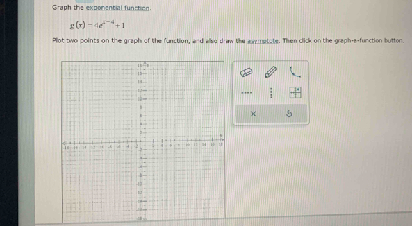 Graph the exponential function.
g(x)=4e^(x+4)+1
Plot two points on the graph of the function, and also draw the asymptote. Then click on the graph-a-function button. 
--- 
× 5. 1