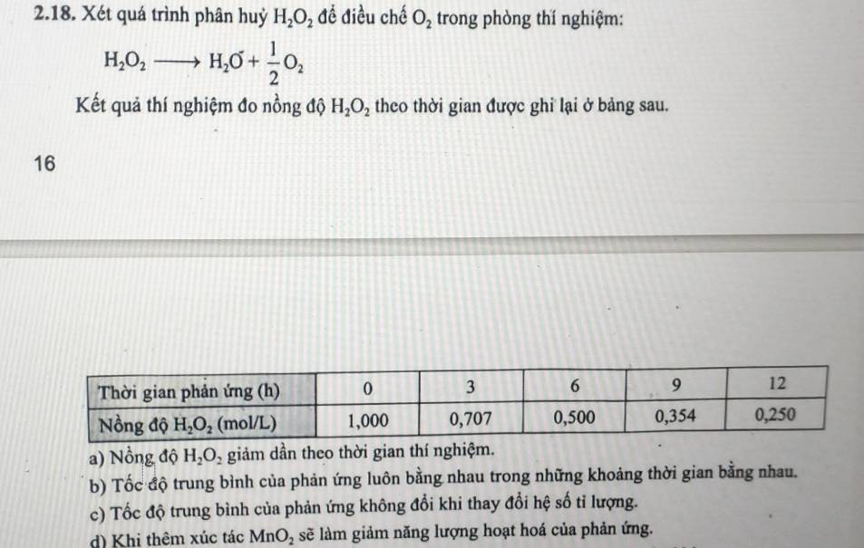 Xét quá trình phân huỷ H_2O_2 đề điều chế O_2 trong phòng thí nghiệm:
H_2O_2to H_2O+ 1/2 O_2
Kết quả thí nghiệm đo nồng độ H_2O_2 theo thời gian được ghi lại ở bảng sau.
16
a) Nồng độ H_2O_2 giảm dần theo thời gian thí nghiệm.
b) Tốc độ trung bình của phản ứng luôn bằng nhau trong những khoảng thời gian bằng nhau.
c) Tốc độ trung bình của phản ứng không đổi khi thay đổi hệ số tỉ lượng.
d) Khi thêm xúc tác MnO_2 sẽ làm giảm năng lượng hoạt hoá của phản ứng.