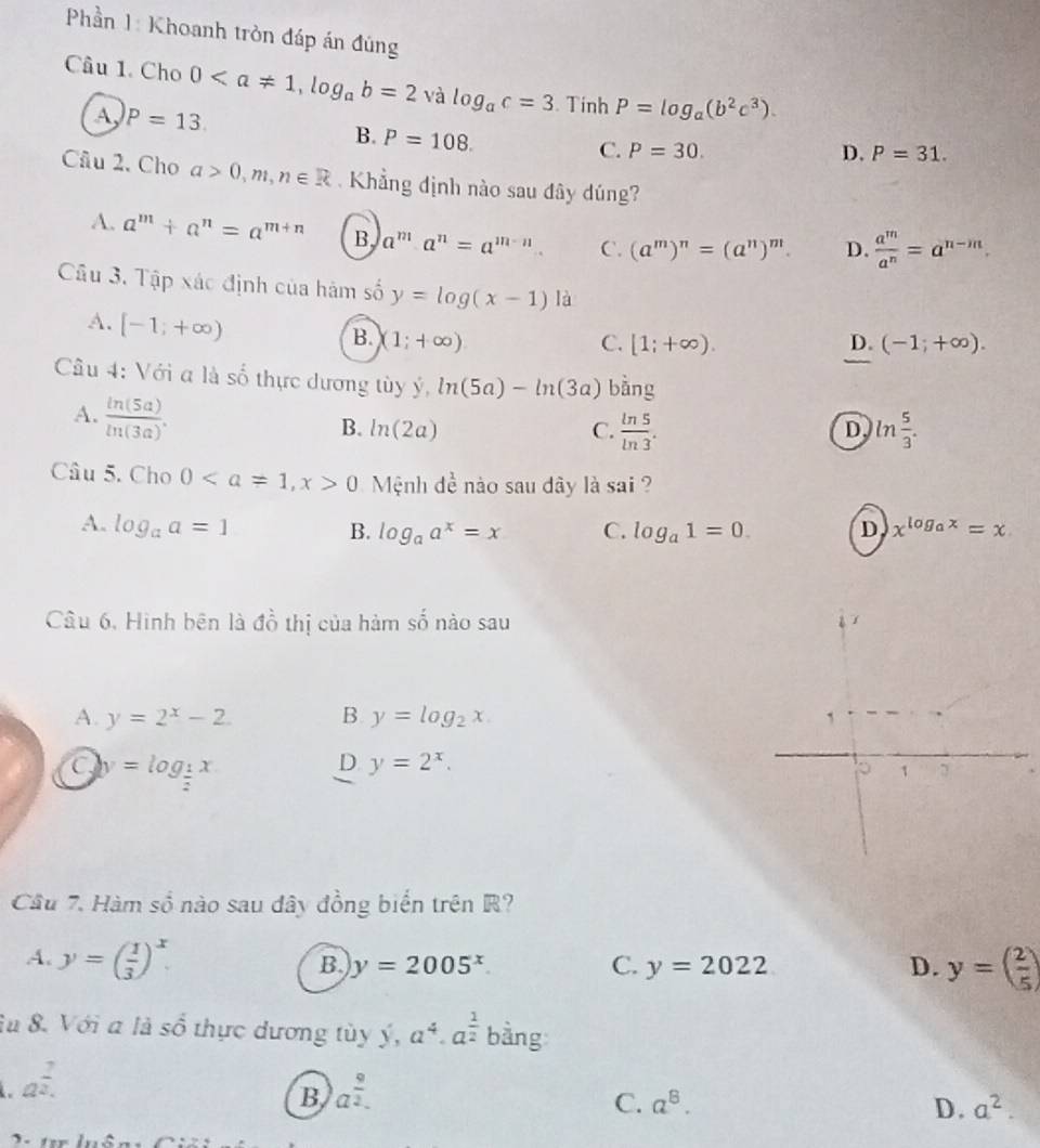 Phần 1: Khoanh tròn đáp án đúng
Câu 1. Cho 0 và log _ac=3 Tinh P=log _a(b^2c^3).
A, P=13. B. P=108.
C. P=30. D. P=31.
Câu 2. Cho a>0,m,n∈ R Khẳng định nào sau đây dúng?
A. a^m+a^n=a^(m+n) B. a^ma^n=a^(m-n) C. (a^m)^n=(a^n)^m. D.  a^m/a^n =a^(n-m).
Câu 3. Tập xác định của hàm số y=log (x-1)1a
A. [-1,+∈fty )
B. (1;+∈fty ) C. [1;+∈fty ). D. (-1;+∈fty ).
Câu 4: Với a là số thực dương tùy ý, ln (5a)-ln (3a) bằng
A.  ln (5a)/ln (3a) .
B. ln (2a) C.  ln 5/ln 3 . ln  5/3 .
D.
Câu 5. Cho 00 Mệnh de^(frac 1)e nào sau dây là sai ?
A. log _aa=1 D x^(log _a)x=x
B. log _aa^x=x C. log _a1=0.
Câu 6, Hình bên là đồ thị của hàm số nào sau
A. y=2^x-2 B y=log _2x. `
a y=log _ 1/2 x
D y=2^x.
1 7
Cầu 7. Hàm số nào sau đây đồng biển trên R?
A. y=( 1/3 )^x. y=( 2/5 )
B. y=2005^x. C. y=2022 D.
iu 8. Với a là shat o thực dương tùy ý, a^4· a^(frac 1)2 bằng
a^(frac 7)2.
B a^(frac 9)2.
C. a^8. D. a^2.
,.