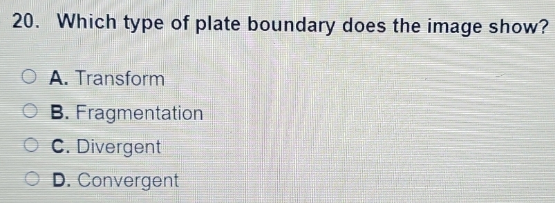 Which type of plate boundary does the image show?
A. Transform
B. Fragmentation
C. Divergent
D. Convergent