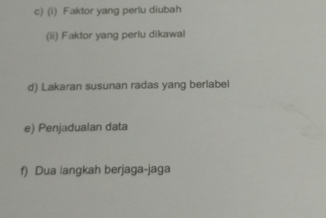 Faktor yang perlu diubah 
(ii) Faktor yang perlu dikawal 
d) Lakaran susunan radas yang berlabel 
e) Penjadualan data 
f) Dua langkah berjaga-jaga