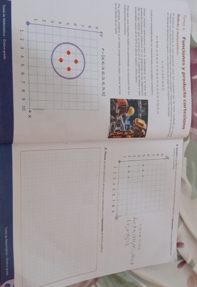 Tema 4. Funciones y producto cartesiano
Robots y matemáticas
1. Realizo el producto cortesiana entre los siguientes conjuntos y represento los pares ordenados en
el plano cartesiano
El producta cartesiano es una operación entre dos conjuntos que da como resultado un nuew
conjunto, cuyos elementos están formados por pares ordenados. Cada par ordenado se conforma pa
un elemento del primer conjunto y otro elemento del segundo conjunto. Por ejemplo
A= 1,2,3 B= a,b,c
9
A* B= (1,a),(1,b),(1,c),(2,a),(2,b),(2,c),(3,a),(3,b),(3,c)
8
Cada par ordenado pude ser representado en un plano cartesiano. 7
6
Existe muchas aplicaciones para la matemática, en el caso del
producto cartesiano podemos ver su aplicación en las impresoras5
3D, en los robots que se mueven en la superficie de Marte o que
4
A=(1,2,3)C=(2,5)
ensamblan autos, en el GPS al ubicar lugares, entre otros.
3
Para que una máquina realice las actividades es necesario dar las2
indicaciones correctas
1
Por ejemplo, imagina a un robot programado para colocar pernos
en la llanta de un auto.
1 2 3 4 5 6 7 8 9
2. Pienso en otra aplicación de los pares ordenados y la represento de forma gráfica.
Texto de Matemática - Octavo grado
Texto de Matemática - Octavo grado