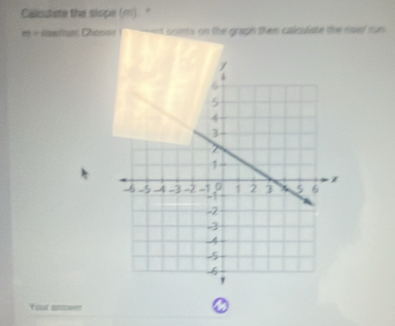 Calculate the slope (m). " 
m = nawltum Chosse spents on the graph then calculiate the noel run 
Your anower