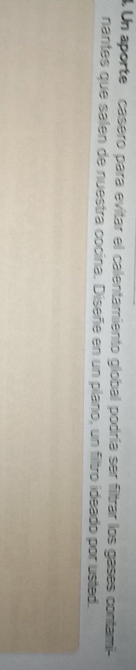 Un aporte casero para evitar el calentamiento global podría ser filtrar los gases contami 
nantes que salen de nuestra cocina. Diseñe en un plano, un filtro ideado por usted.