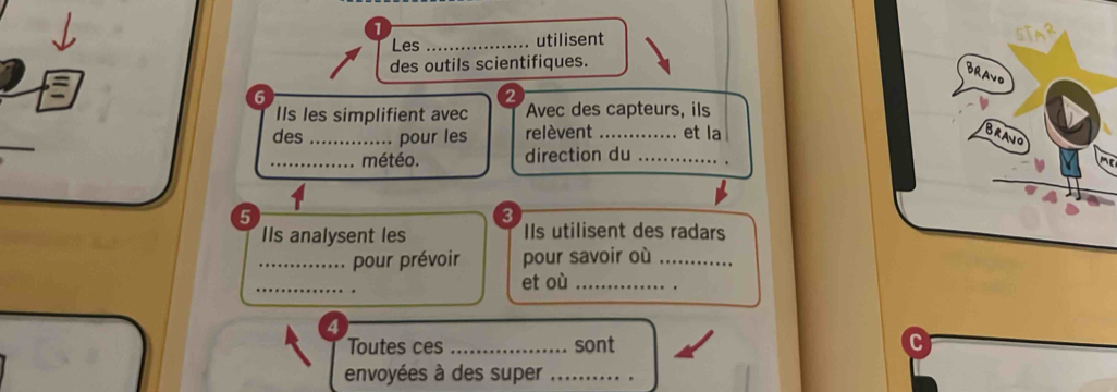 Les _utilisent 
des outils scientifiques. 
BRAvO 
6 
2 
Ils les simplifient avec Avec des capteurs, ils 
_ 
des _pour les relèvent _et la BranO 
_météo. direction du_ 
5 
3 
IIs analysent les IIs utilisent des radars 
_pour prévoir pour savoir où_ 
_ 
et où _. 
4 
Toutes ces _sont 
envoyées à des super_