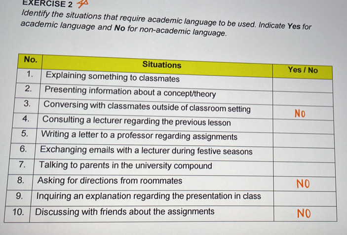 Identify the situations that require academic language to be used. Indicate Yes for 
academic language and No for non-academic language.